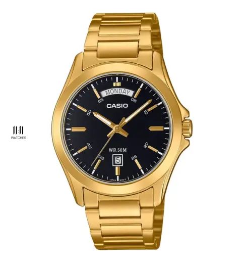 Đồng Hồ Nam Casio MTP-1370G-1AVDF D&acirc;y Th&eacute;p Mạ V&agrave;ng Mặt Đen Ch&iacute;nh H&atilde;ng
